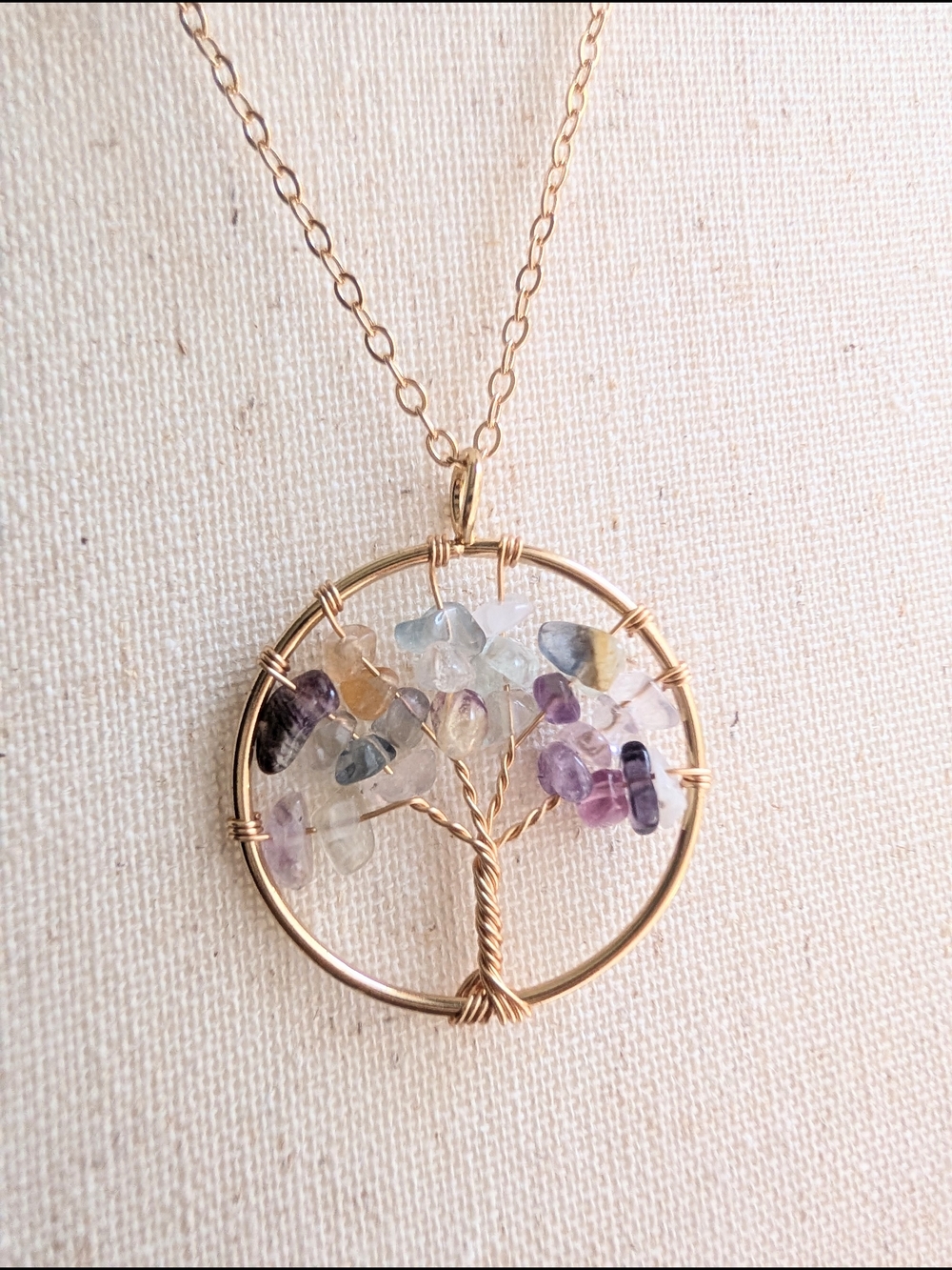 Gold (Gold tone) Tree of Life Pendant Necklace with Multicolor Gem Chips